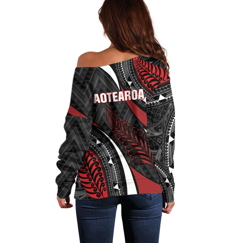 Aotearoa New Zealand Native Birds Map Off Shoulder Sweater Silver Fern Tribal Pattern