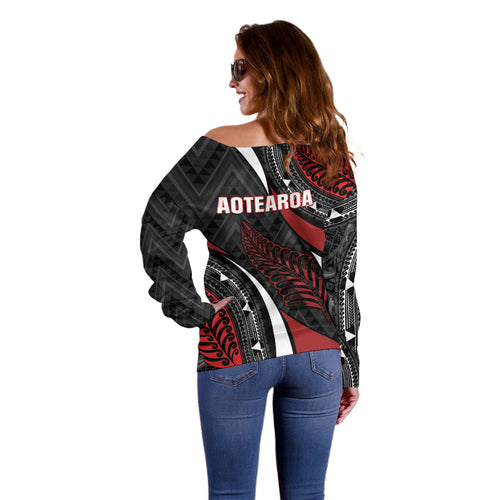 Aotearoa New Zealand Native Birds Map Off Shoulder Sweater Silver Fern Tribal Pattern