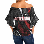Aotearoa New Zealand Native Birds Map Off Shoulder Wrap Waist Top Silver Fern Tribal Pattern