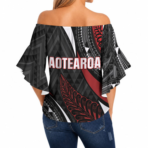 Aotearoa New Zealand Native Birds Map Off Shoulder Wrap Waist Top Silver Fern Tribal Pattern