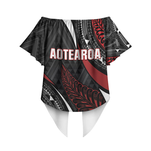 Aotearoa New Zealand Native Birds Map Off Shoulder Wrap Waist Top Silver Fern Tribal Pattern