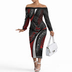 Aotearoa New Zealand Native Birds Map Off The Shoulder Long Sleeve Dress Silver Fern Tribal Pattern