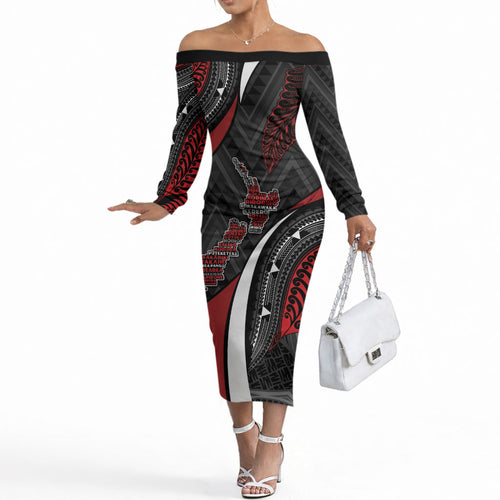 Aotearoa New Zealand Native Birds Map Off The Shoulder Long Sleeve Dress Silver Fern Tribal Pattern