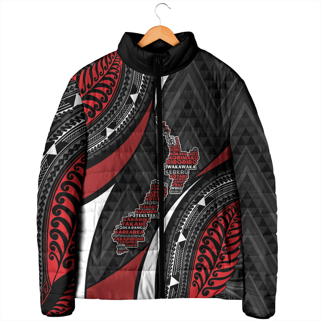 Aotearoa New Zealand Native Birds Map Padded Jacket Silver Fern Tribal Pattern