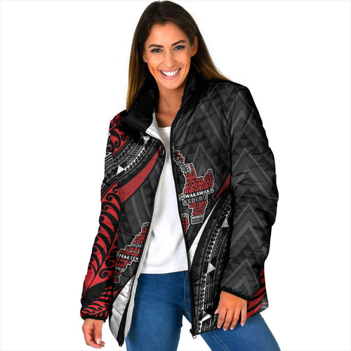 Aotearoa New Zealand Native Birds Map Padded Jacket Silver Fern Tribal Pattern