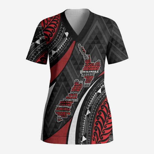Aotearoa New Zealand Native Birds Map Scrub Top Silver Fern Tribal Pattern