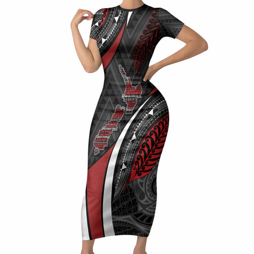 Aotearoa New Zealand Native Birds Map Short Sleeve Bodycon Dress Silver Fern Tribal Pattern