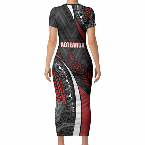 Aotearoa New Zealand Native Birds Map Short Sleeve Bodycon Dress Silver Fern Tribal Pattern