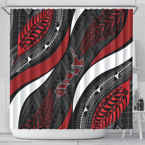 Aotearoa New Zealand Native Birds Map Shower Curtain Silver Fern Tribal Pattern