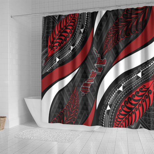 Aotearoa New Zealand Native Birds Map Shower Curtain Silver Fern Tribal Pattern