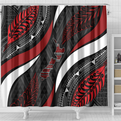 Aotearoa New Zealand Native Birds Map Shower Curtain Silver Fern Tribal Pattern