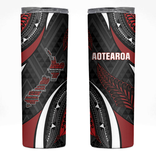 Aotearoa New Zealand Native Birds Map Skinny Tumbler Silver Fern Tribal Pattern