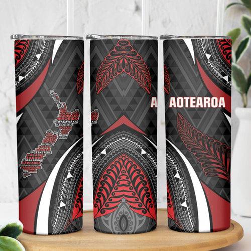 Aotearoa New Zealand Native Birds Map Skinny Tumbler Silver Fern Tribal Pattern