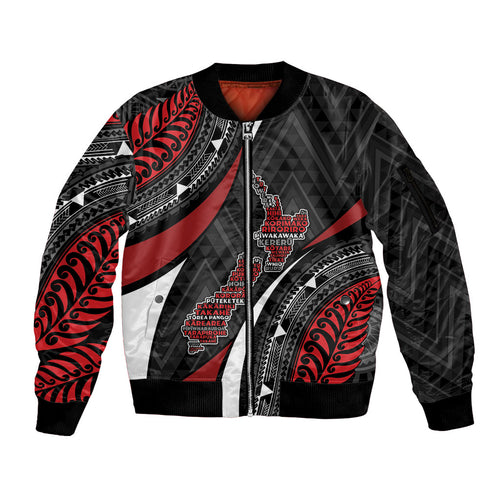 Aotearoa New Zealand Native Birds Map Sleeve Zip Bomber Jacket Silver Fern Tribal Pattern