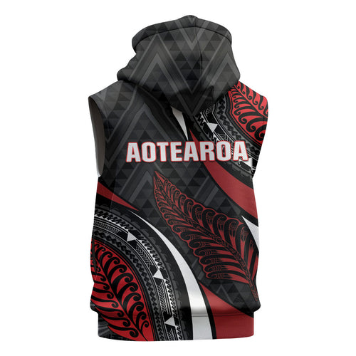 Aotearoa New Zealand Native Birds Map Sleeveless Hoodie Silver Fern Tribal Pattern