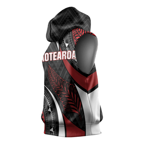 Aotearoa New Zealand Native Birds Map Sleeveless Hoodie Silver Fern Tribal Pattern