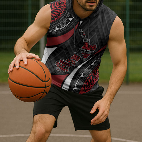 Aotearoa New Zealand Native Birds Map Sleeveless Hoodie Silver Fern Tribal Pattern
