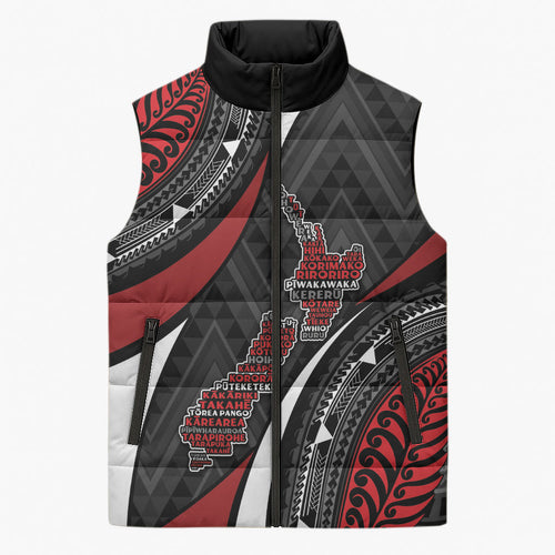Aotearoa New Zealand Native Birds Map Sleeveless Puffer Jacket Silver Fern Tribal Pattern