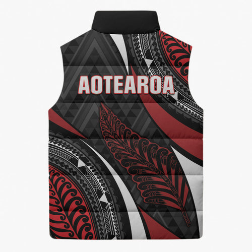 Aotearoa New Zealand Native Birds Map Sleeveless Puffer Jacket Silver Fern Tribal Pattern