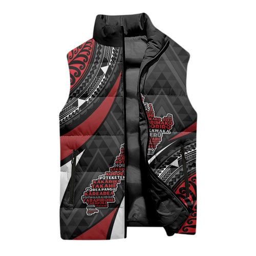 Aotearoa New Zealand Native Birds Map Sleeveless Puffer Jacket Silver Fern Tribal Pattern