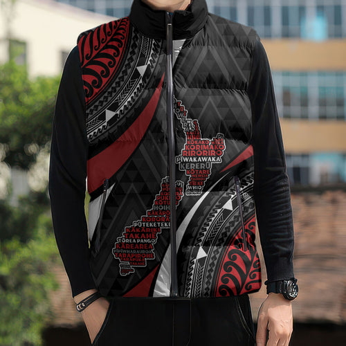 Aotearoa New Zealand Native Birds Map Sleeveless Puffer Jacket Silver Fern Tribal Pattern
