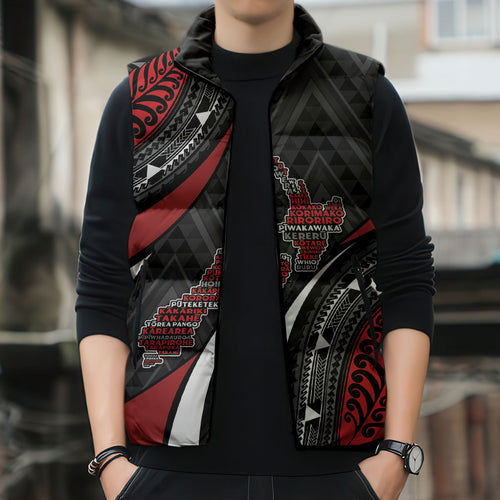 Aotearoa New Zealand Native Birds Map Sleeveless Puffer Jacket Silver Fern Tribal Pattern