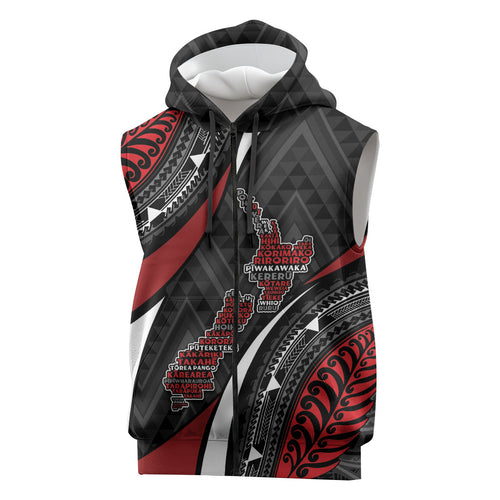 Aotearoa New Zealand Native Birds Map Sleeveless Zip Hoodie Silver Fern Tribal Pattern