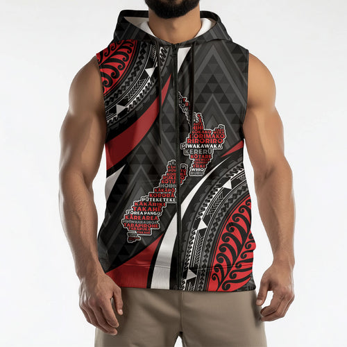 Aotearoa New Zealand Native Birds Map Sleeveless Zip Hoodie Silver Fern Tribal Pattern