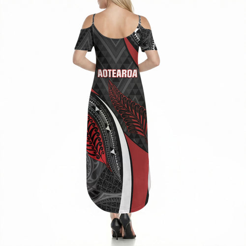Aotearoa New Zealand Native Birds Map Summer Maxi Dress Silver Fern Tribal Pattern