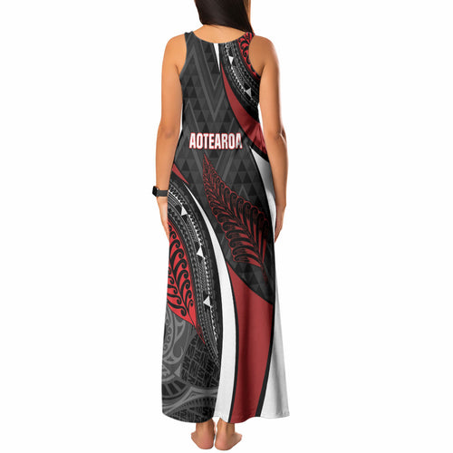 Aotearoa New Zealand Native Birds Map Tank Maxi Dress Silver Fern Tribal Pattern