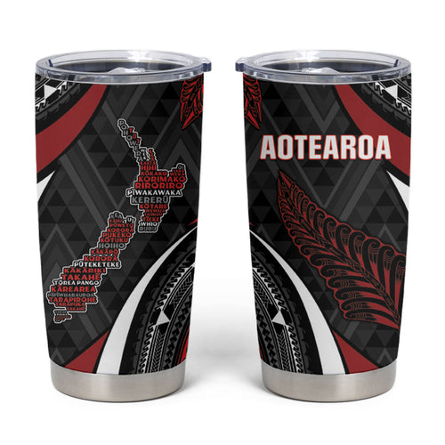 Aotearoa New Zealand Native Birds Map Tumbler Cup Silver Fern Tribal Pattern