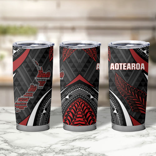 Aotearoa New Zealand Native Birds Map Tumbler Cup Silver Fern Tribal Pattern