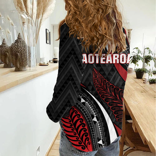 Aotearoa New Zealand Native Birds Map Women Casual Shirt Silver Fern Tribal Pattern