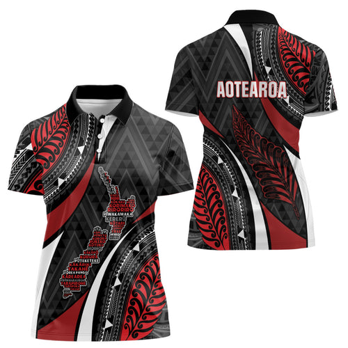 Aotearoa New Zealand Native Birds Map Women Polo Shirt Silver Fern Tribal Pattern