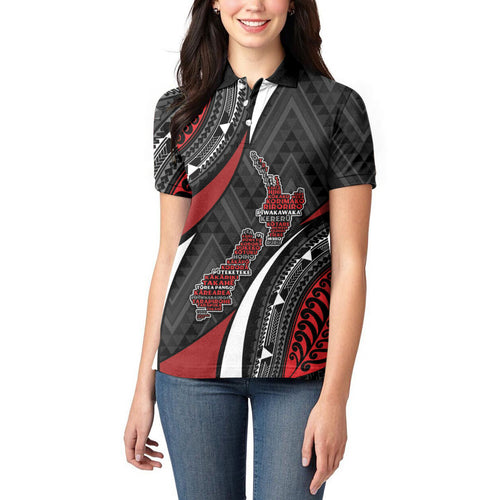 Aotearoa New Zealand Native Birds Map Women Polo Shirt Silver Fern Tribal Pattern