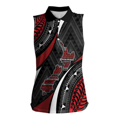 Aotearoa New Zealand Native Birds Map Women Sleeveless Polo Shirt Silver Fern Tribal Pattern