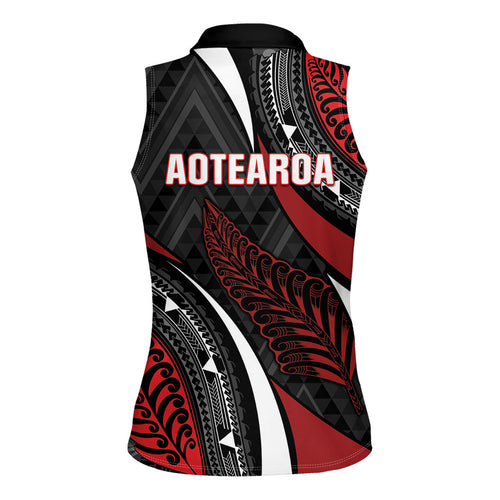 Aotearoa New Zealand Native Birds Map Women Sleeveless Polo Shirt Silver Fern Tribal Pattern