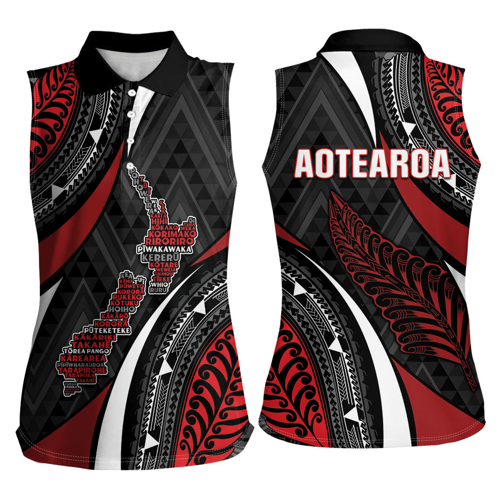 Aotearoa New Zealand Native Birds Map Women Sleeveless Polo Shirt Silver Fern Tribal Pattern