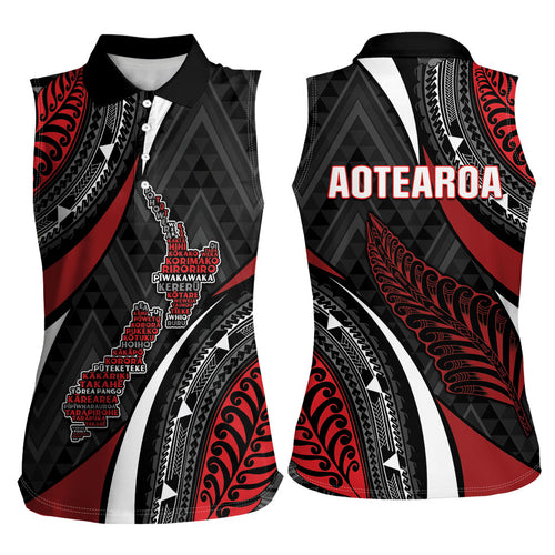 Aotearoa New Zealand Native Birds Map Women Sleeveless Polo Shirt Silver Fern Tribal Pattern