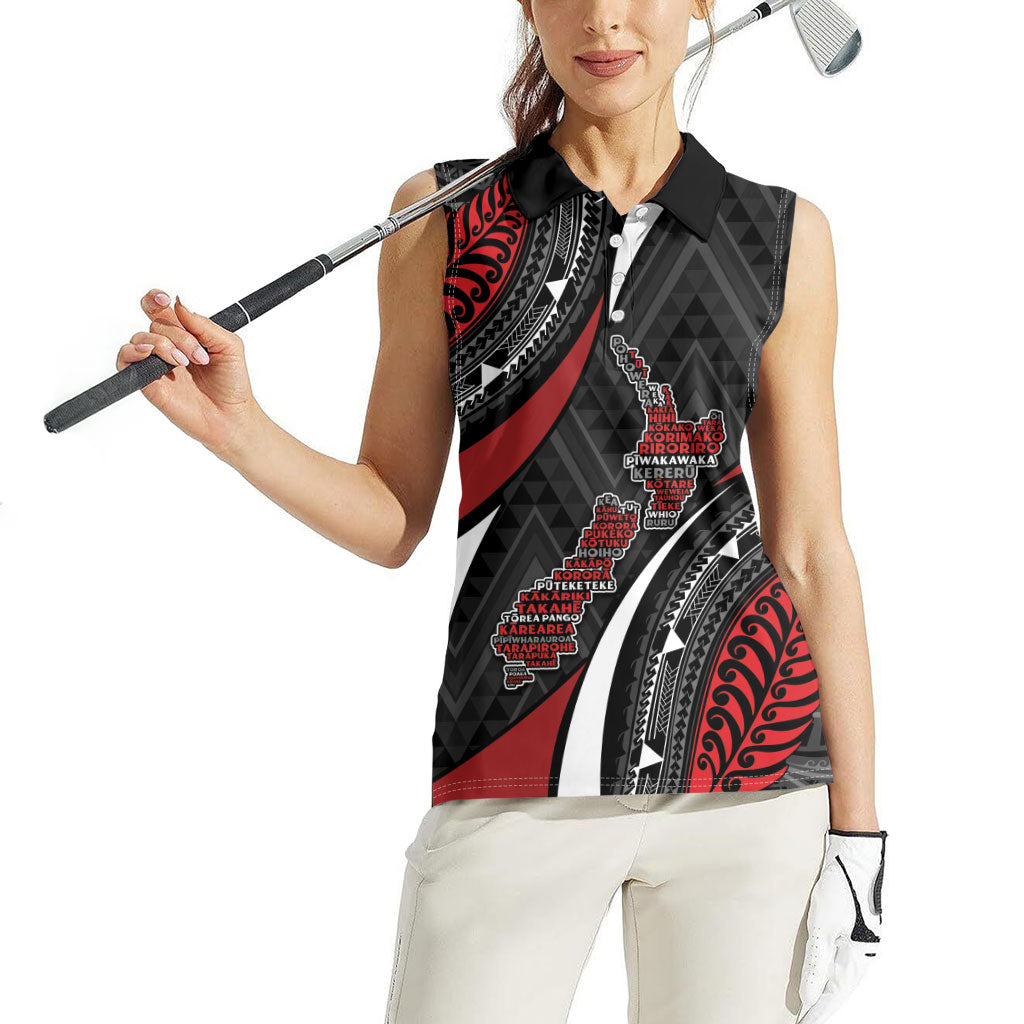 Aotearoa New Zealand Native Birds Map Women Sleeveless Polo Shirt Silver Fern Tribal Pattern