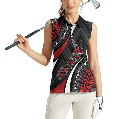 Aotearoa New Zealand Native Birds Map Women Sleeveless Polo Shirt Silver Fern Tribal Pattern