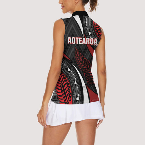 Aotearoa New Zealand Native Birds Map Women Sleeveless Polo Shirt Silver Fern Tribal Pattern