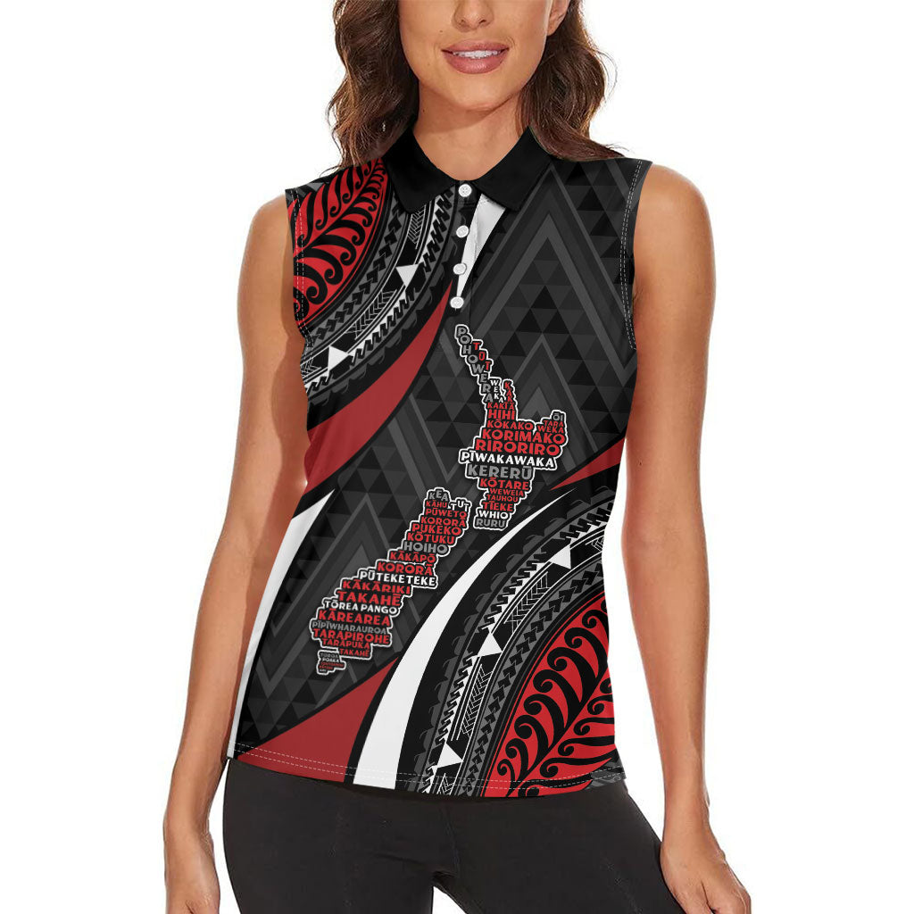 Aotearoa New Zealand Native Birds Map Women Sleeveless Polo Shirt Silver Fern Tribal Pattern