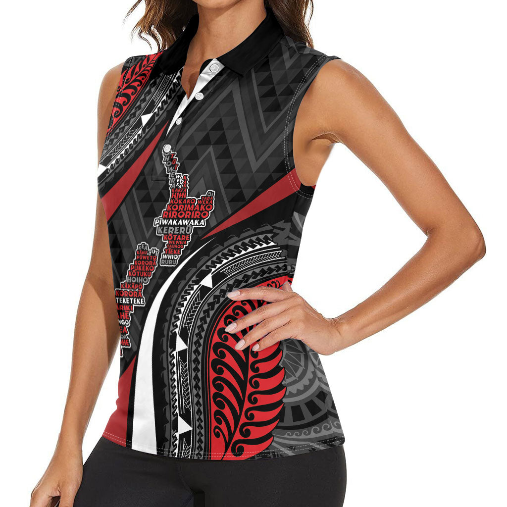 Aotearoa New Zealand Native Birds Map Women Sleeveless Polo Shirt Silver Fern Tribal Pattern