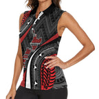 Aotearoa New Zealand Native Birds Map Women Sleeveless Polo Shirt Silver Fern Tribal Pattern