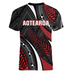 Aotearoa New Zealand Native Birds Map Women V-Neck T-Shirt Silver Fern Tribal Pattern