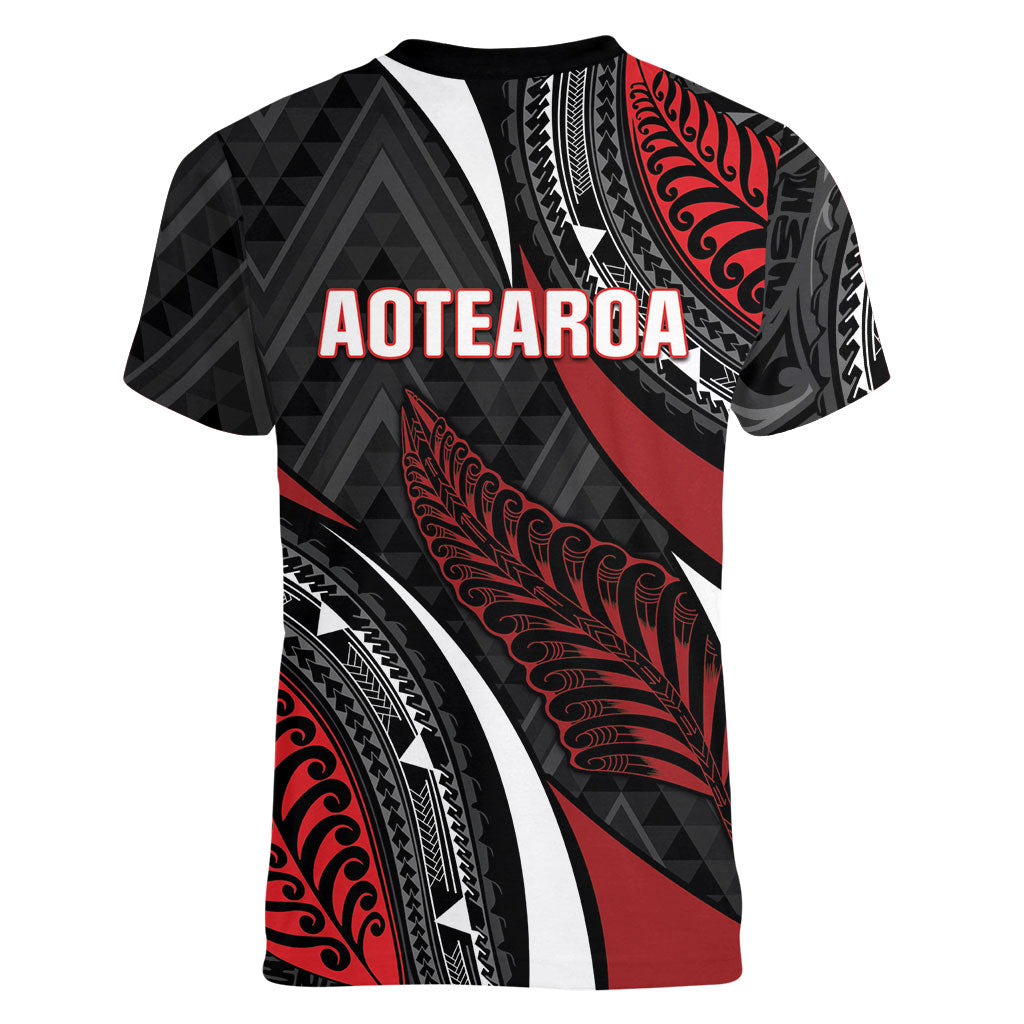 Aotearoa New Zealand Native Birds Map Women V-Neck T-Shirt Silver Fern Tribal Pattern