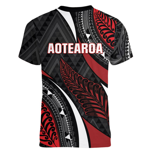Aotearoa New Zealand Native Birds Map Women V-Neck T-Shirt Silver Fern Tribal Pattern
