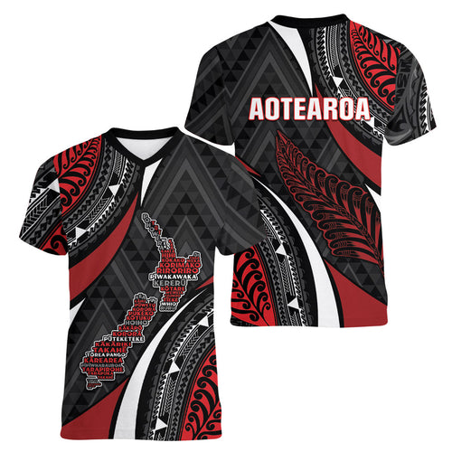 Aotearoa New Zealand Native Birds Map Women V-Neck T-Shirt Silver Fern Tribal Pattern