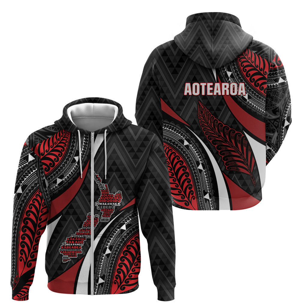 Aotearoa New Zealand Native Birds Map Zip Hoodie Silver Fern Tribal Pattern